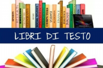 Libri appoggiati su una mensola e sotto dei libri disposti a raggiera con la scritta "libri di testo"