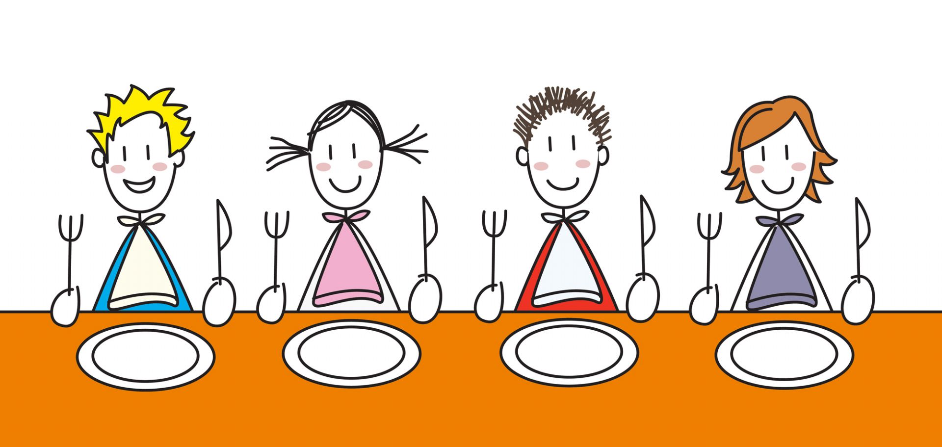 Bambini a tavola con in mano forchette e coltelli