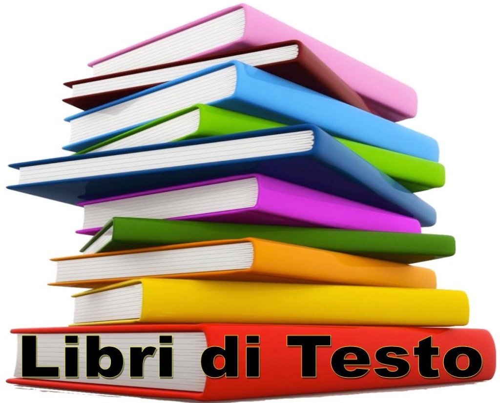 Una pila di libri con la copertina di diversi colori ed in basso la scritta "libri di testo"