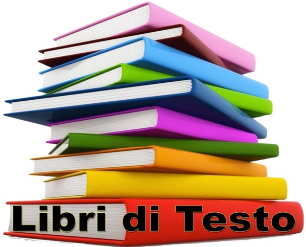 Una pila di libri con la copertina di diversi colori ed in basso la scritta "libri di testo"